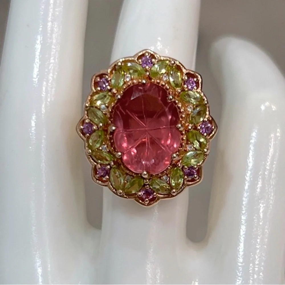 Salmon Quartz Multigemstone 14K RG Sterling Silver Cocktail Statement Ri… - Picture 6 of 10